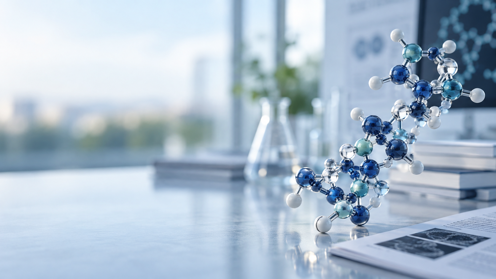 Abstract blue peptide molecule in a clinical research setting