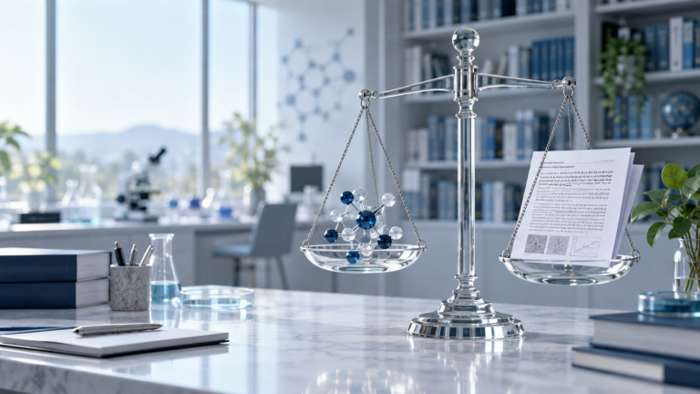 Balance scale comparing a peptide molecule with clinical evidence in a research setting