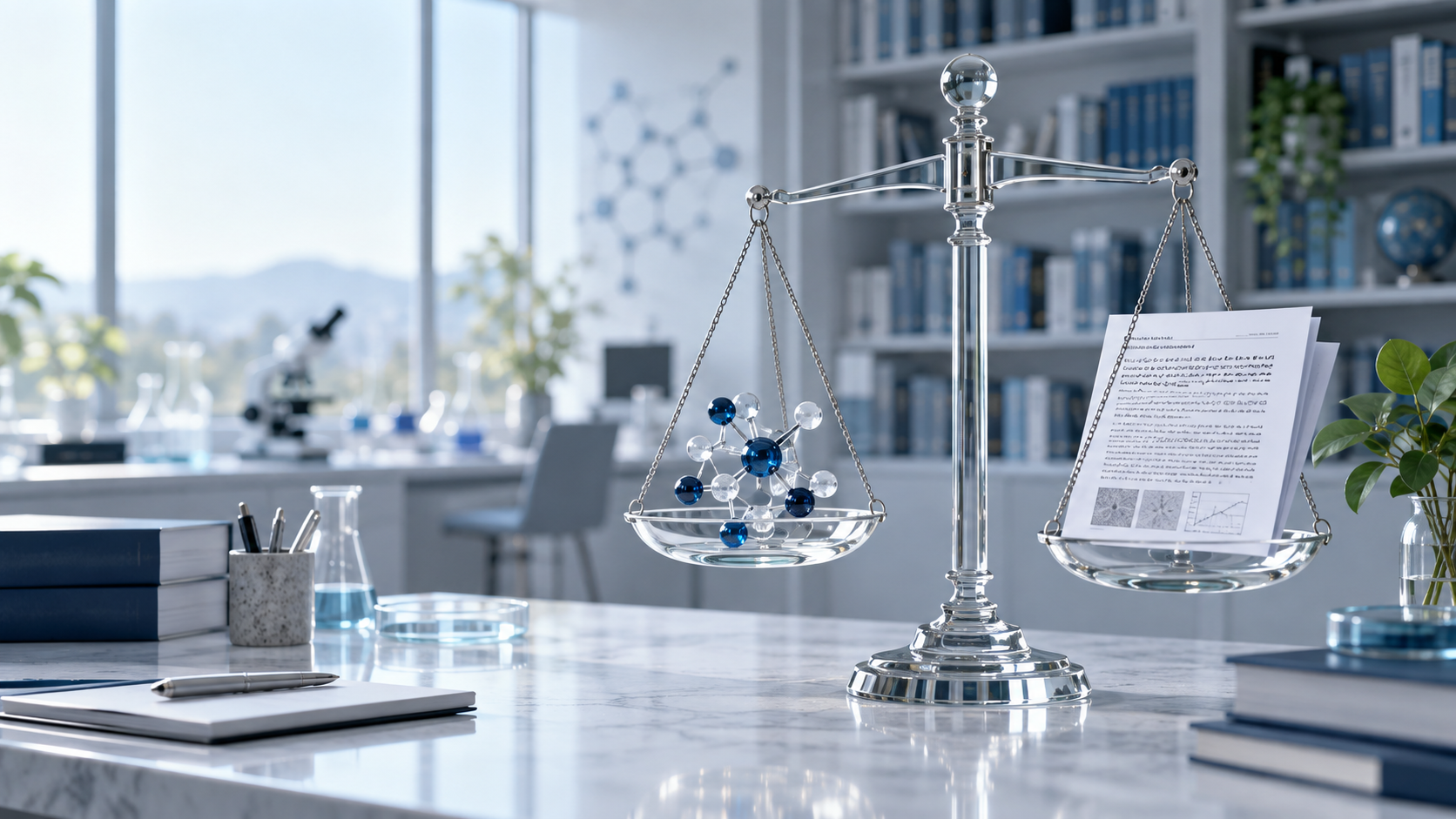 Balance scale comparing a peptide molecule with clinical evidence in a research setting