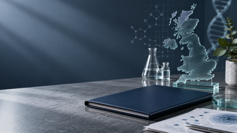 Abstract United Kingdom map and research folder representing peptide regulation
