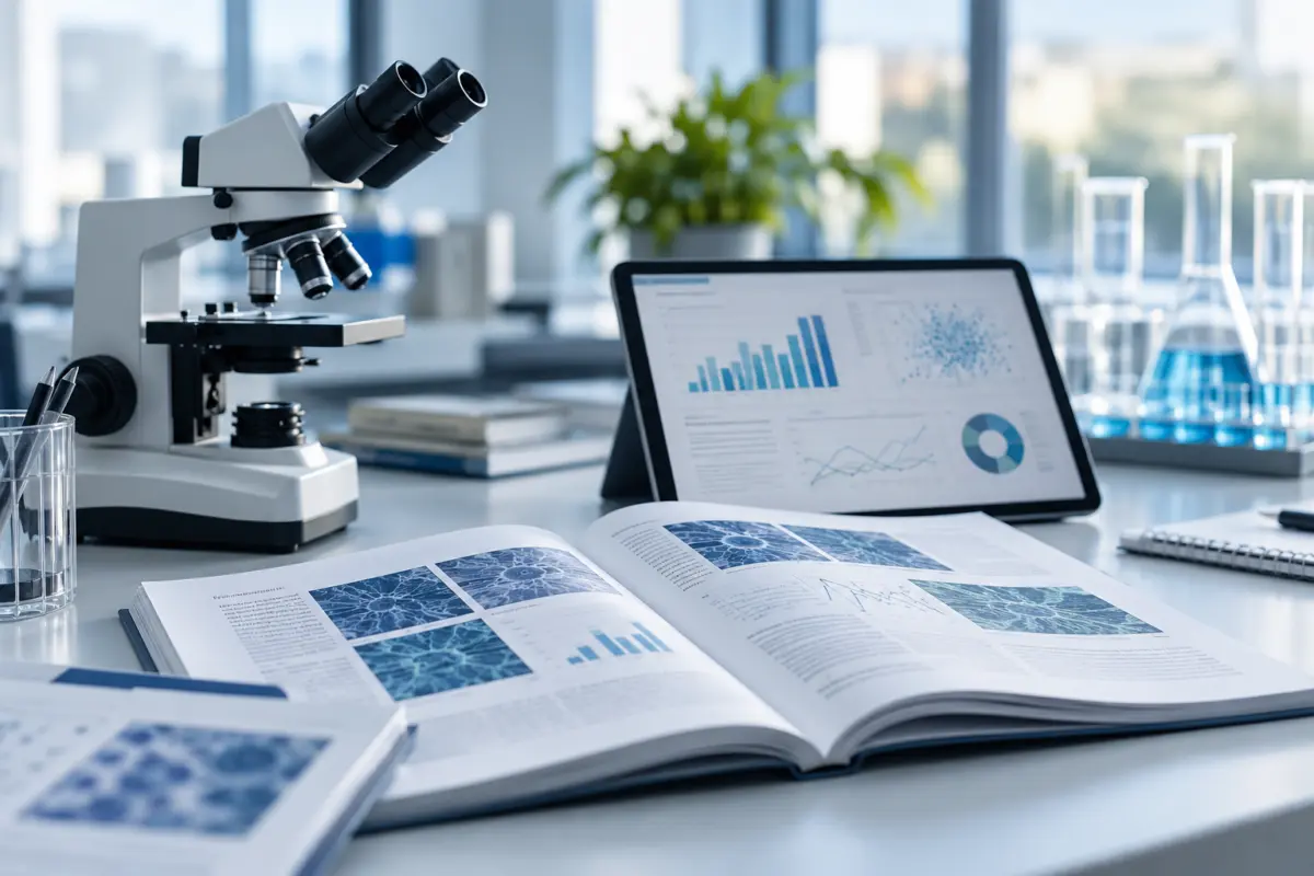 Evidence review workspace with microscope and research materials